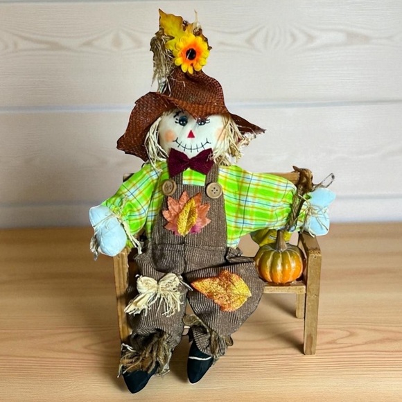 Other - Fall Scarecrow Sitting on a Wooden Bench with a Pumpkin Autumn Scene Fall Decor